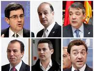Citados a declarar: (arriba a abajo, i a d), el consejero de Educación, José Iribas, el presidente del Parlamento foral, Alberto Catalán, el parlamentario Javier Caballero, el portavoz de UPN en el Parlamento, Carlos García Adanero, el parlamentario socialista Samuel Caro y el líder del PSN, Roberto Jiménez (fila inferior de izda a dcha).  Foto: Jesús Diges / EFE