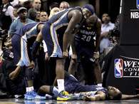 Tony Allen's acting abilities failed him after receiving a hard foul from Ginobili. Photo: Getty Images
