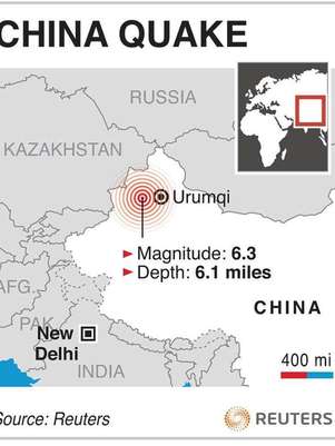 A graphic locates the site of an earthquake in western China. A magnitude 6.3 quake struck a remote region of western China, close to the Kazakhstan border, early on Saturday, the U.S. Geological Survey said. Foto: Graphics / Reuters In English