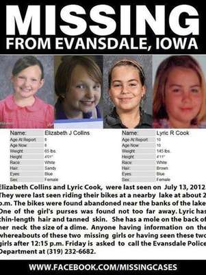 Elizabeth Collins, 8, and Lyric Cook, 10, (R) are pictured in this handout photo from Black Hawk County Sheriff, received by Reuters July 16, 2012. The girls were last seen by their grandmother on Friday when the two, who are cousins, left her home to go ride their bicycles, authorities said. Foto: Handout / Reuters In English