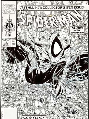 La portada original de “Spider-Man” No. 1 del artista Todd  McFarlane en una fotografía proporcionada por Heritage Auctions. La portada se vendió por 358.500 dólares en una subasta donde varias piezas de arte de la década de 1990 alcanzaron decenas de miles de dólares.  Foto: Heritage Auctions / AP