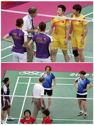 Combination photo shows officials speaking to players from China and South Korea (top), and players from South Korea and Indonesia during their women's doubles group stage badminton matches during the London 2012 Olympic Games at the Wembley Arena in this July 31, 2012 file photo. Foto: Files / Reuters In English