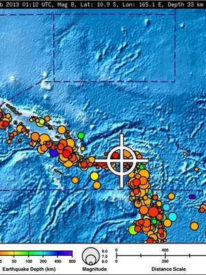 A bulletin released by the Pacific Tsunami Warning Center/NOAA/NWS issued on February 6, 2013 shows the area affected by the tsunami warning following a major earthquake measuring 8.0 magnitude off the Solomon Islands. A small tsunami hit the Solomon Islands on Wednesday after a major undersea earthquake sparked a tsunami warning for several South Pacific island nations and placed many more nations including Australia and Indonesia on alert. Foto: Pacific Tsunami Warning Center / Reuters