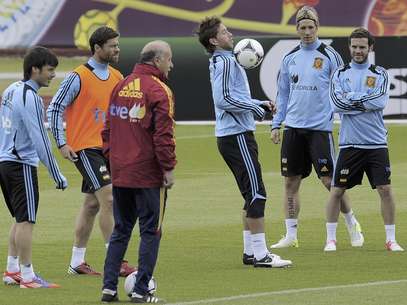 Del Bosque dando indicaciones a sus jugadores previo al choque ante Irlanda Foto: Alvaro Barrientos / AP