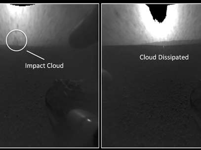 Estas fotografías de antes y después proporcionadas por la NASA muestran una nube de polvo, izquierda, que desapareció. Foto: NASA / AP