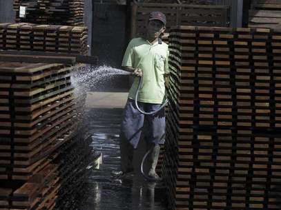 A worker sprays water onto piles of plank wood in timber company PT Larasati Multisentosa in Pasuruan, Indonesia's East Java province July 2, 2012. Foto: Sigit Pamungkas / Reuters In English
