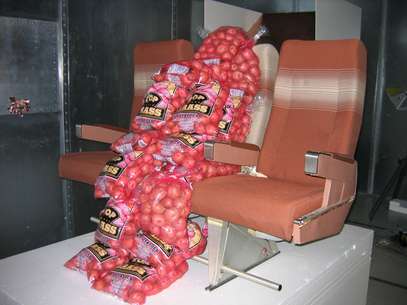 Fotografía de archivo de 2006 provista por Boeing Co. que muestra las primeras pruebas del uso de sacos de papas para detectar los puntos flacos en las señales inalámbricas de internet en aviones en un laboratorio en Arizona.  Foto: Cortesía de Boeing Co., Archivo / AP