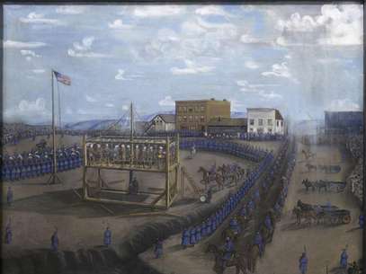 A painting titled "Execution of Dakota Indians, Mankato, Minnesota" is pictured in this handout photo from the Minnesota Historical Society. Foto: Minnesota Historical Society / Reuters