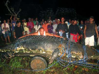 En esta fotografía de archivo del 4 de septiembre de 2011, varias personas observan a un enorme cocodrilo recién capturado en la localidad de Bunawan en la provincia filipina de Agusán del Sur. El reptil, adoptado por la comunidad, le dio renombre a Bunawan al ser considerado como el cocodrilo más grande del mundo en cautiverio. El cocodrilo murió el domingo 10 de febrero de 2013 y dejó a Bunawan sumido en la tristeza. En la imagen, el alcalde Edwin Cox Elorde intenta mostrar la magnitud del reptil.  Foto: archivo / AP