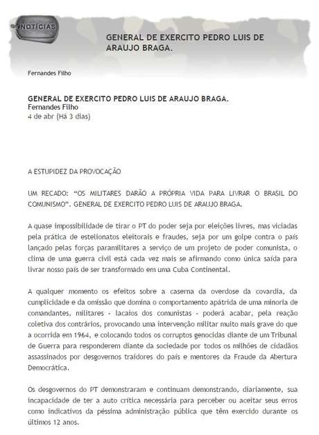 O falso artigo está veiculando na internet desde 2014, afirma o general da reserva Pedro Luis Braga Foto: Asmir-PB / Reprodução