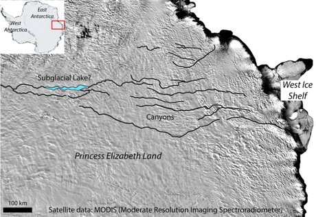 Mapa, em inglês, mostra área onde ficaria cânion oculto na Antártida