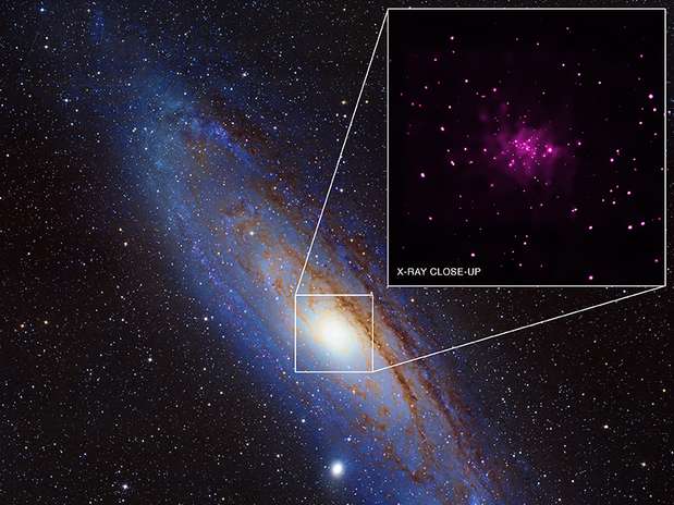 Em Andrômeda, foram identificados 26 possíveis buracos negros: o maior número já encontrado em uma galáxia fora da Via-Láctea. No detalhe, close dos raio-x emitidos mostra o núcleo da galáxia Foto: Nasa / Divulgação