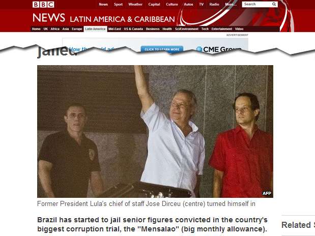 A rede de TV britânica BBC classificou o mensalão como o maior caso de corrupção do Brasil  Foto: Reprodução