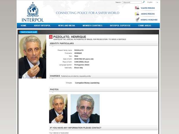 A Interpol emitiu um alerta de procura por Henrique Pizzolato, condenado por envolvimento no mensalão Foto: Interpol / Reprodução