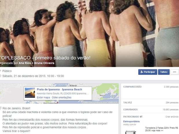 Página no Facebook anuncia o evento do dia 21 de janeiro, às 10h Foto: Facebook / Reprodução