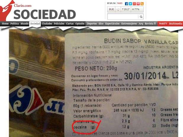 Rótulo de produto do Carrefour da Argentina que indicava uso de cocaína virou destaque no Twitter Foto: Reprodução