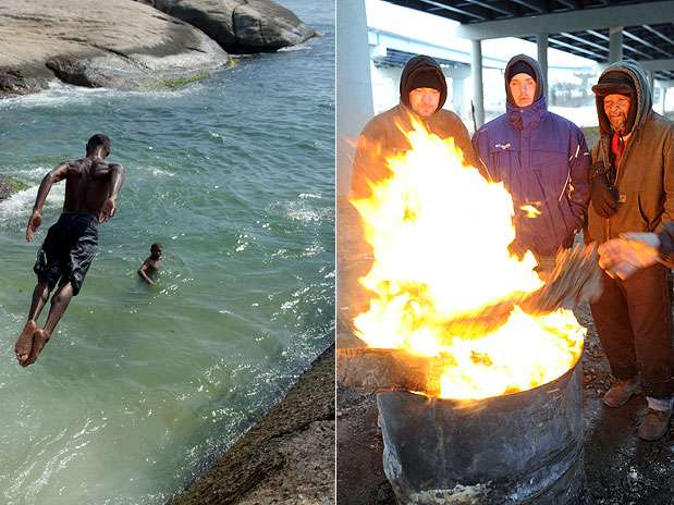 Enquanto banhistas tentam se refrescar do calor de até 39,8ºC na praia do Arpoador, no Rio de Janeiro, moradores de rua enfrentam temperaturas negativas com lareira improvisada nos Estados Unidos Foto: Mauro Pimentel / Terra e Michael Patrick/AP / Arte Terra