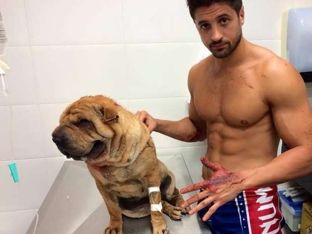Modelo Guilherme Rutigliano aplicou um golpe de jiu-jitsu para salvar a sua cadela Olívia do ataque de outro cão Foto: Facebook / Reprodução