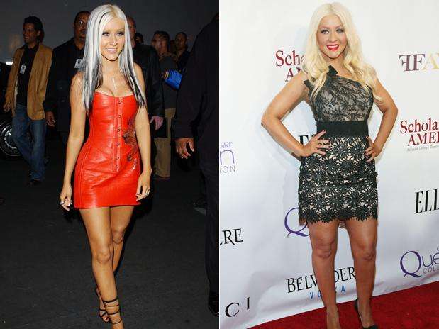 Antes (2002) y después (2011). La cantante Christina Aguilera ha sufrido una impresionante transformación a través de los años, en el que no sólo el rastro del tiempo ha dejado huella, sino también un cambio de imagen en su figura y forma de vestir.   Foto: Getty Images