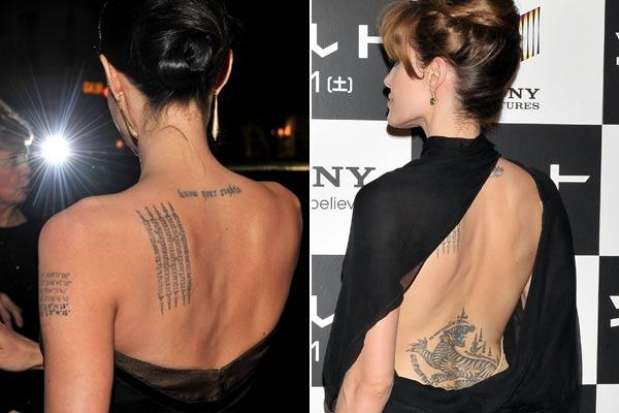 Angelina Jolie Tiene más de una docena de tatuajes - sin contar los últimos de 2008 - , entre ellos un dragón, símbolos indios, japoneses y una plegaria Foto: Getty Images