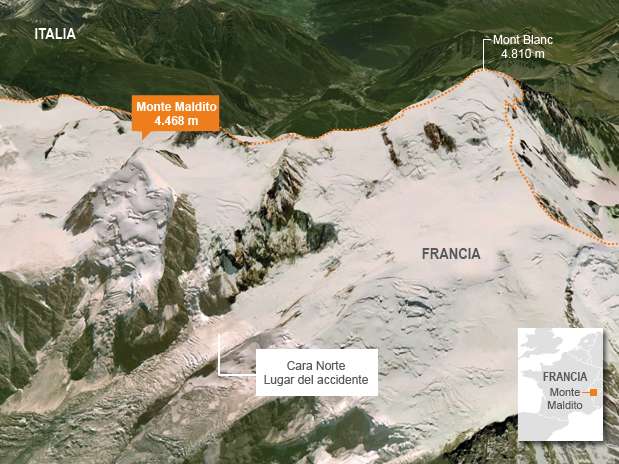 Una avalancha en el Mont Blanc ha dejado un mínimo de 9 muertos, dos de ellos españoles, y 5 desaparecidos. Los servicios de rescate franceses se esfuerzan en encontrar a los montañistas desaparecidos. Foto: Google Maps/Terra