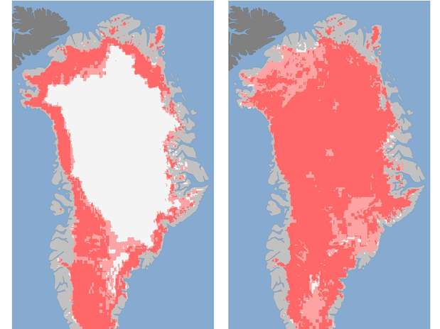 Imágenes de Groenlandia en las que se aprecia un súbito derretimiento sin precedentes en la superficie de la capa de hielo que aumentó de 40 a 97% del 8 al 12 de julio, según la NASA. La superficie derretida corresponde al color rosa oscuro, de acuerdo a las imágenes de tres satélites, aunque persiste la enorme capa de hielo.  Foto: Nicolo E. DiGirolamo, SSAI/NASA GSFC, y Jesse Allen, Observatorio Terrestre de la NASA) / AP