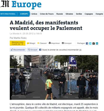 El 'Le Monde' francés se hace eco de las protestas en España y recoge la intención de los manifestantes de "rodear el Congreso". Foto: Le Monde