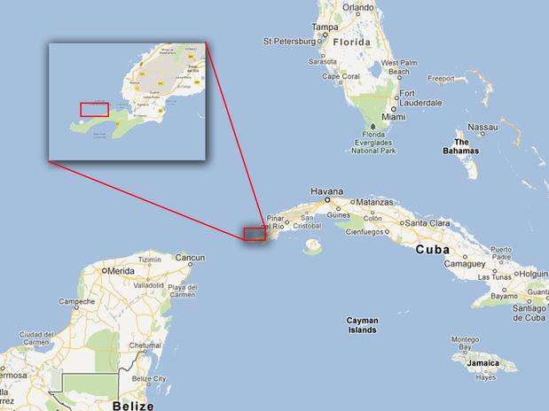 Un grupo de investigadores, dirigidos por los canadienses Paul Weinzweig y Pauline Zalitzki, aseguran haber encontrado restos arqueológicos sumergidos correspondientes a una ciudad prehispánica, cerca de la Península de Guanahacabibes, en la costa occidental de Cuba. Foto: Google Maps