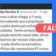 É falso que Nikolas Ferreira tenha postado que quer fazer o dólar chegar a R$ 7