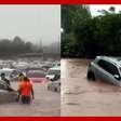 Temporal causa alagamentos e deixa carros submersos em parque aquático no interior de SP