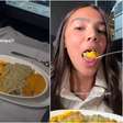 Duda Guerra viaja em classe executiva e mostra menu com entrada, prato principal e sobremesa