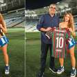 Modo boleira: Shakira ganha camisas de FlaFlu e autografa uniforme do Brasil