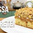 Cuca de banana com doce de leite, que tem uma massa fofinha e uma farofa muito crocante