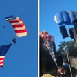 Veja momento em que paraquedista com bandeira gigante dos EUA cai sobre tenda