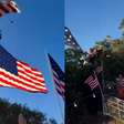 Paraquedista amarrado a bandeira dos EUA fica preso em árvore e cai sobre tenda durante evento