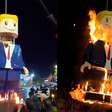 Iranianos queimam boneco gigante de Lego de Trump durante funeral de Khamenei