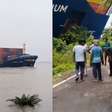Vídeo mostra momento em que navio perde controle e atinge margem de rio na Índia