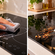 A esponja áspera risca o cooktop por indução sem remover melhor a sujeira, enquanto raspador próprio trabalha quase paralelo ao vidro