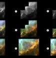 Sequência mostra a produção de uma imagem do Hubble. Os primeiros quadros são de três exposições diferentes e registram enxofre (1, em vermelho na imagem final), hidrogênio (2, verde) e oxigênio (3, azul). O quadro 4 mostra a primeira tentativa de uma imagem composta, que é aperfeiçoada até a composição final (9)  Foto: ESA / Divulgação