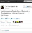 <p>"Malditos macacos brasileiros, vaiam a Espanha porque estão aterrorizados", escreveu uma torcedora espanhola</p>  Foto: Twitter / Reprodução