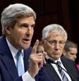 Secretário de Defesa do EUA, Chuck Hagel, e o secretário de Estado, John Kerry, durante sessão do senado americano nesta terça-feira  Foto: AP