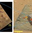 Rocha com forma de pirâmide foi achada pela sonda Curiosity. Pontos marcados em amarelo e vermelho foram analisados pelos instrumentos da sonda  Foto: Science/AAAS/Nasa / Divulgação
