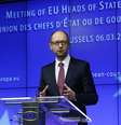 O primeiro-ministro ucraniano Arseny Yatsenyuk  participou de uma coletiva de imprensa durante um encontro dos líderes europeus em Bruxelas hoje, dia 06. O grupo discute a tensão na Ucrânia  Foto: Reuters