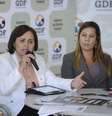 Coronel da PMDF Roberto Ninaut; secretária da Mulher Olgamir Amancia; delegada da Mulher Ana Cristina Santiago, falam da campanha contra assédio sexual em ônibus  Foto: Fabio Rodrigues Pozzebom / Agência Brasil