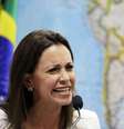 <p>L&iacute;der da oposi&ccedil;&atilde;o venezuelana Maria Corina Machado&nbsp;durante uma reuni&atilde;o com o Comit&ecirc; do Senado Federal, em Bras&iacute;lia, em 2 de abril</p>  Foto: Reuters