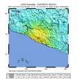 <p>Imagem da USGS mostra ponto amarelado - onde terremoto atingiu com mais força nesta sexta-feira</p>  Foto: USGS / Reprodução