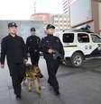 Policiais armados fazem patrulha com cão ao longo de uma área de negócios em Pequim nesta segunda-feira. A China reforçou a segurança na capital pela violência  Foto: Reuters