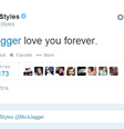 Harry Styles demonstrou toda sua admiração por Jagger em resposta ao tweet do líder dos Stones  Foto: Twitter / Reprodução