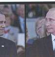 <p>Tela de vídeo mostra o presidente dos EUA, Barack Obama, e o presidente russo, Vladimir Putin, chegando à Cerimônia de Comemoração Internacional dos 70 anos do D-Day, em Ouistreham</p>  Foto: Reuters