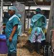 Agentes da saúde entram num centro de tratamento de Ebola, em Monróvia, na Libéria, nesta terça-feira. 16/12/2014  Foto: James Giahyue / Reuters